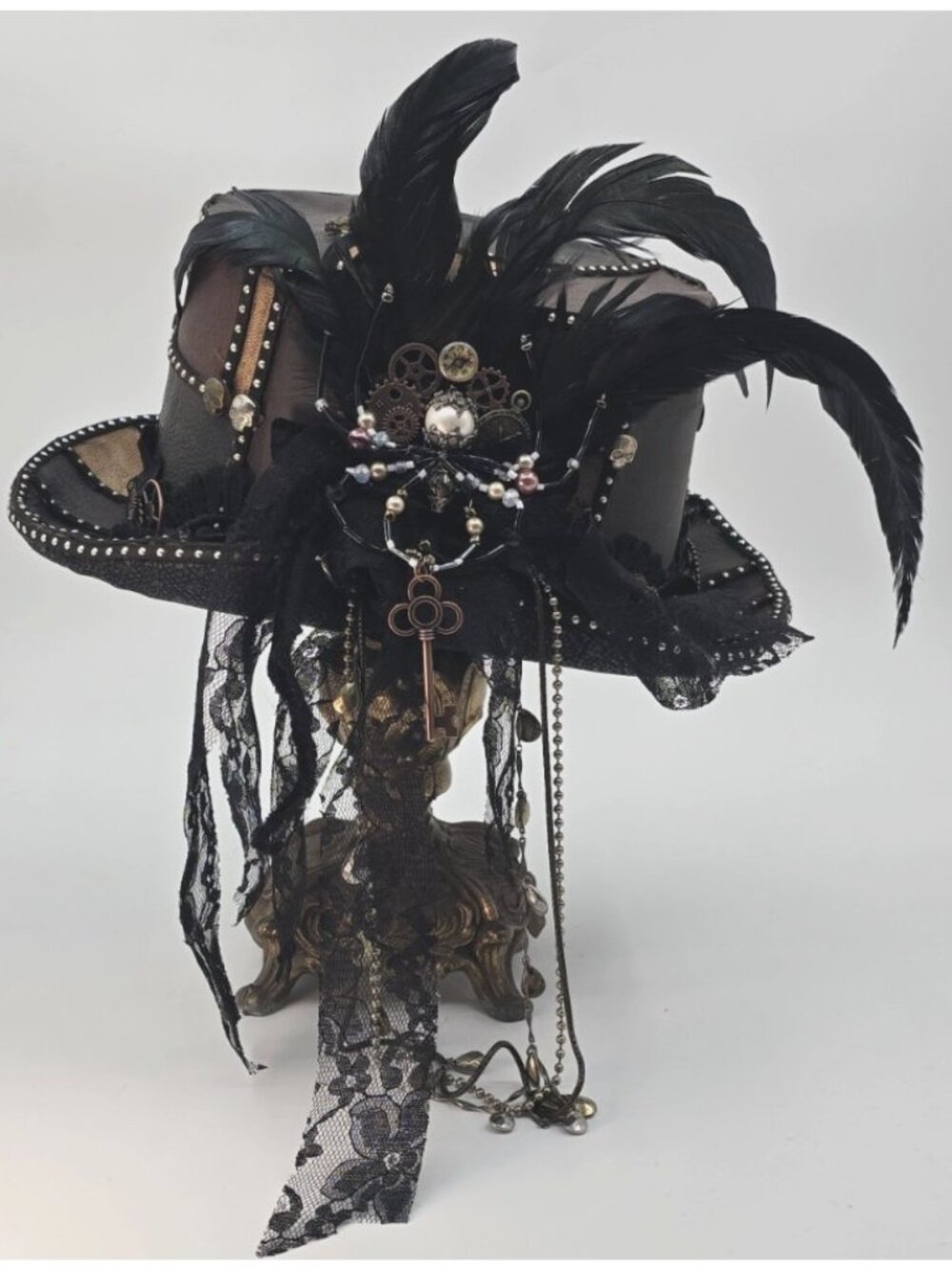 OOAK Steampunk Top Hat Gothic Victorian Leather Skull Cosplay Wearable Decor Art